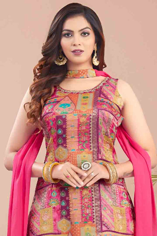 Pink Sharara Set with Multicolor Printed Top