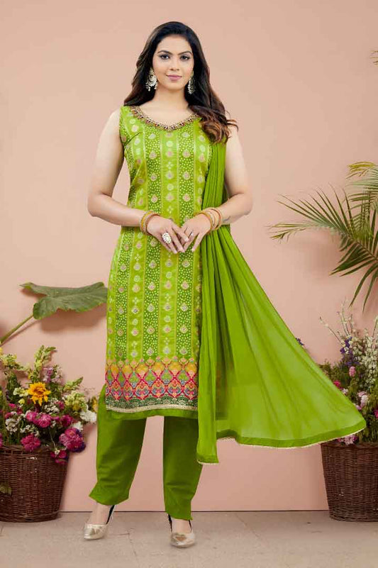 Green Suit with Traditional Motifs and Multicolor Hem Embroidery