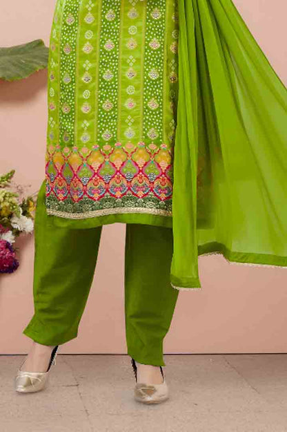 Green Suit with Traditional Motifs and Multicolor Hem Embroidery