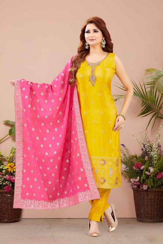 Yellow Straight-Cut Suit with Contrasting Pink Dupatta
