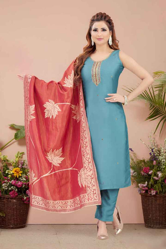 Teal Blue Straight-Cut Suit with Rust Leaf Motif Dupatta