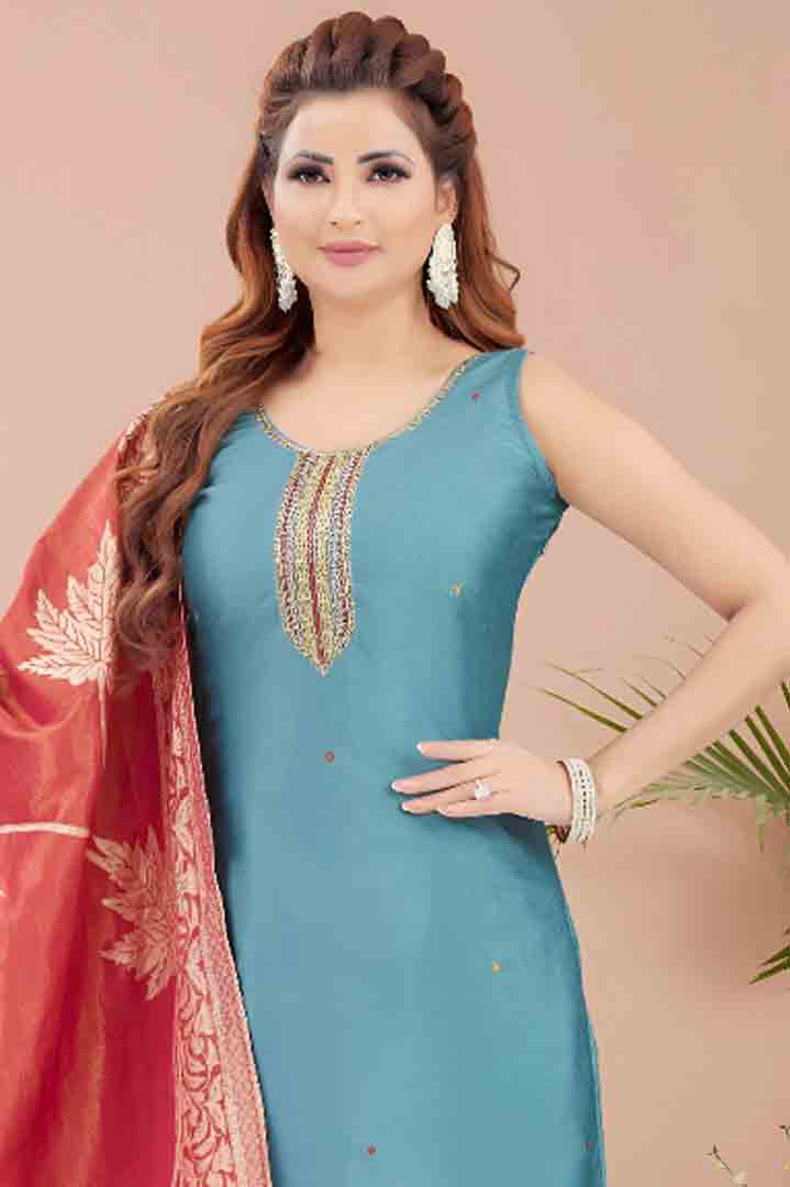 Teal Blue Straight-Cut Suit with Rust Leaf Motif Dupatta