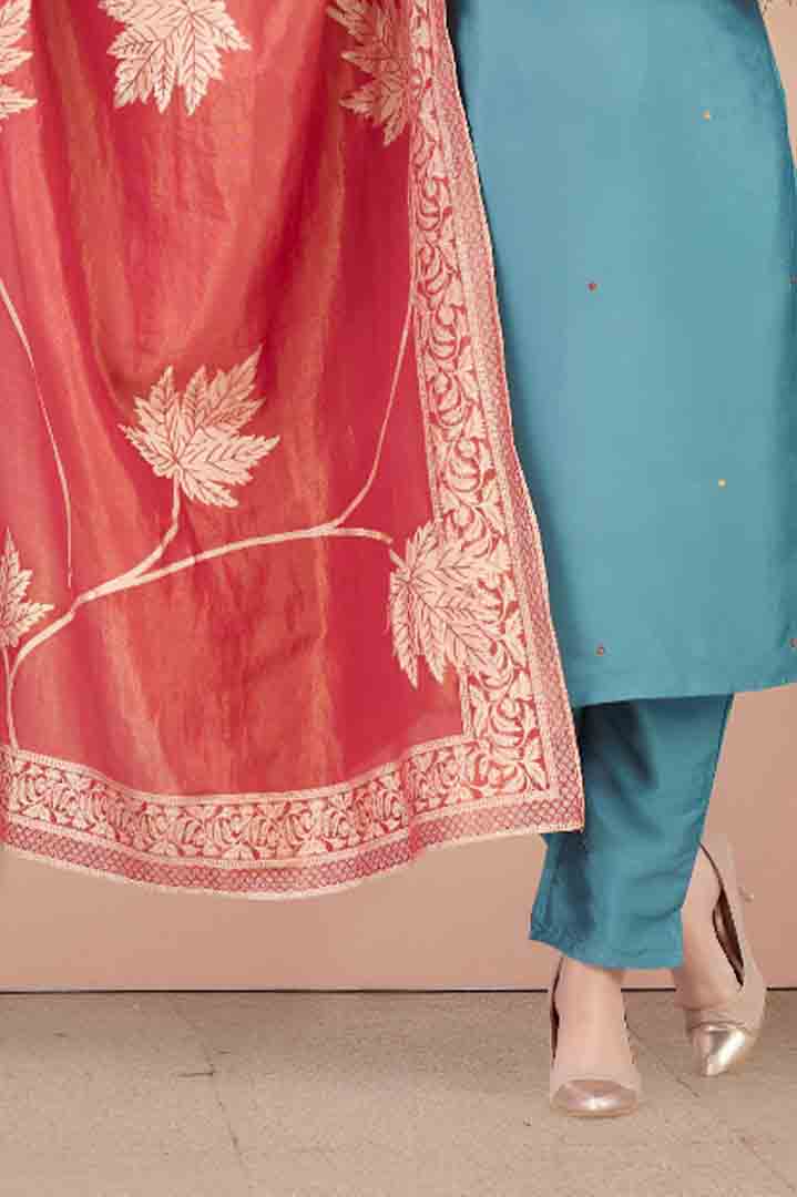 Teal Blue Straight-Cut Suit with Rust Leaf Motif Dupatta