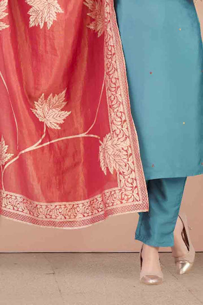 Teal Blue Straight-Cut Suit with Rust Leaf Motif Dupatta