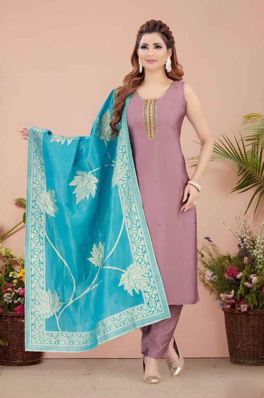 Light Purple Straight Kurta Set with Blue Leaf Dupatta