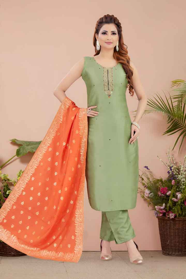Green Straight Kurta Set with Orange Dupatta