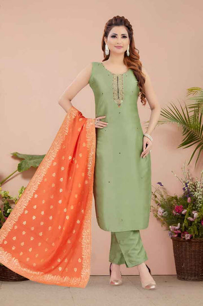 Green Straight Kurta Set with Orange Dupatta