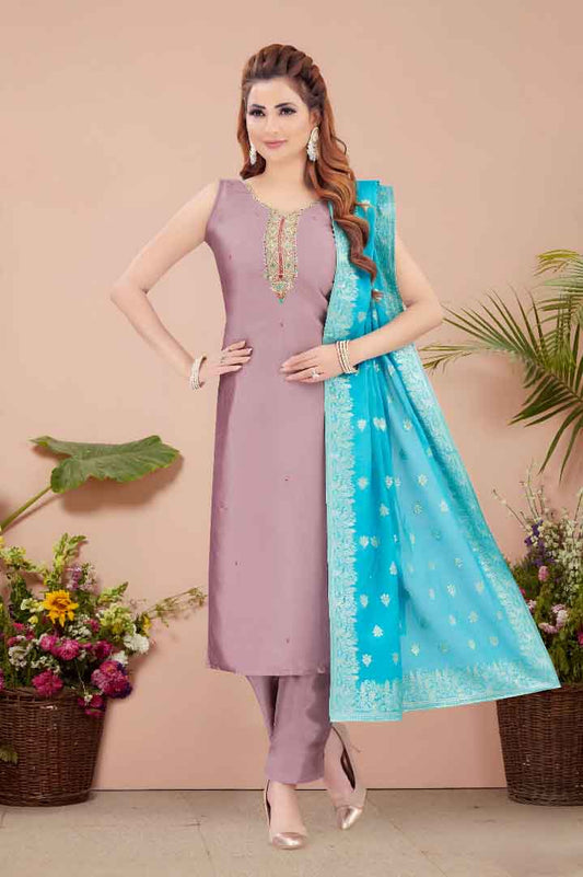 Light Purple Straight Kurta Set with Blue Dupatta