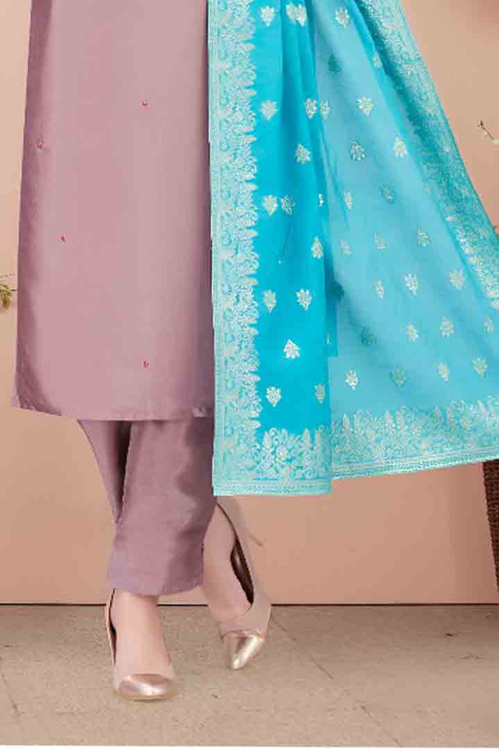 Light Purple Straight Kurta Set with Blue Dupatta