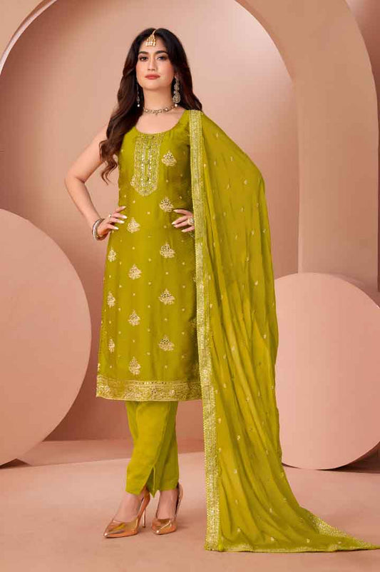 Green Straight-Cut Suit with Sequin Embellished Dupatta