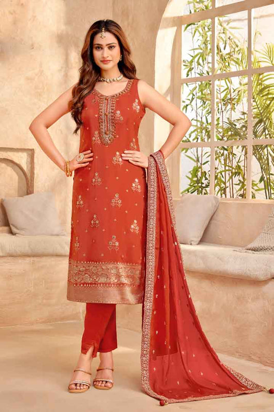 Orange Suit Set with Embroidered Zari Border Dupatta