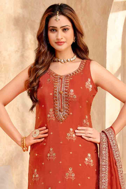 Orange Suit Set with Embroidered Zari Border Dupatta