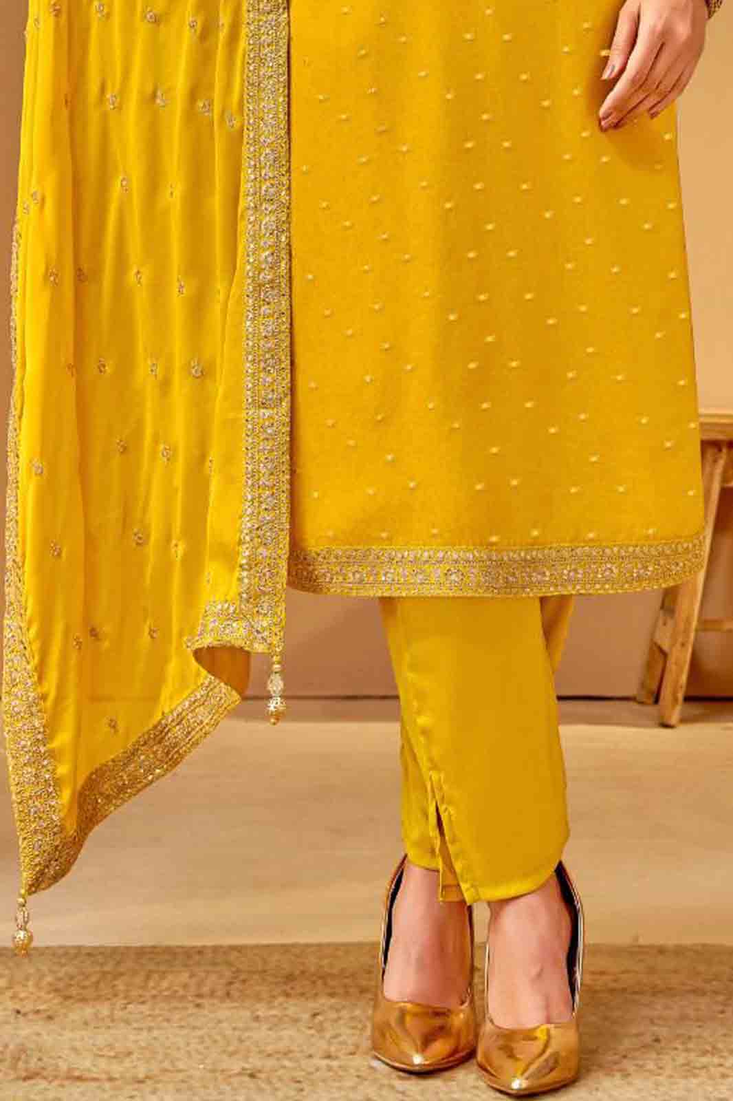 Yellow Straight Kurta with Embellished Dupatta Set