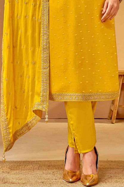 Yellow Straight Kurta with Embellished Dupatta Set