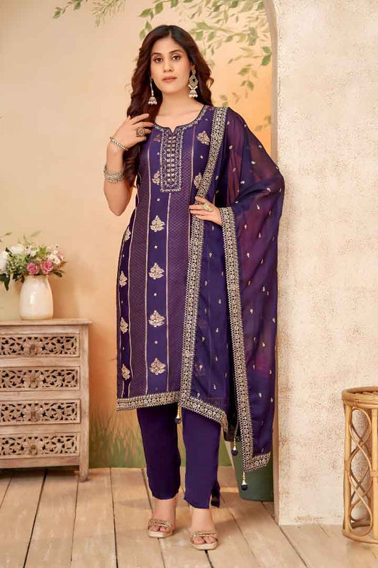 Purple Straight-Cut Suit Set with Embroidered Dupatta