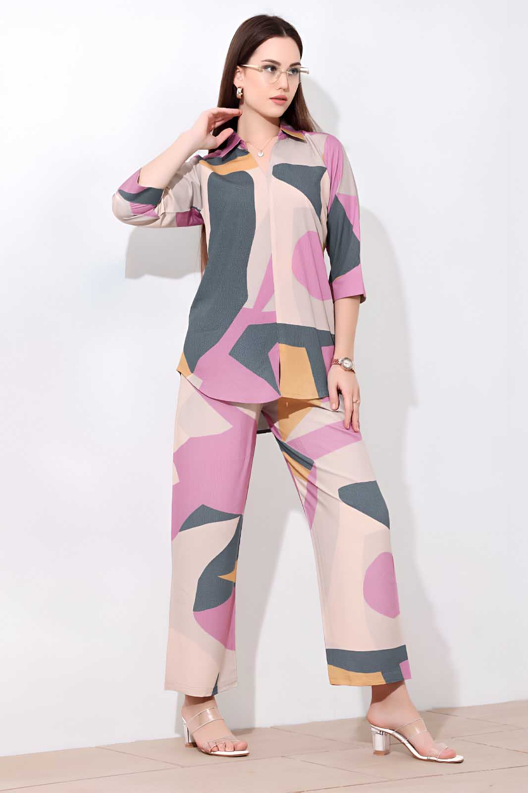 Pink & Grey Abstract Printed Co-ord Set in Soft Rayon