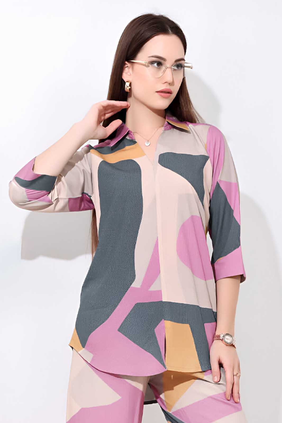 Pink & Grey Abstract Printed Co-ord Set in Soft Rayon