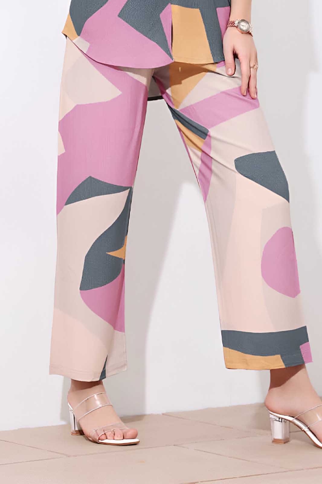 Pink & Grey Abstract Printed Co-ord Set in Soft Rayon