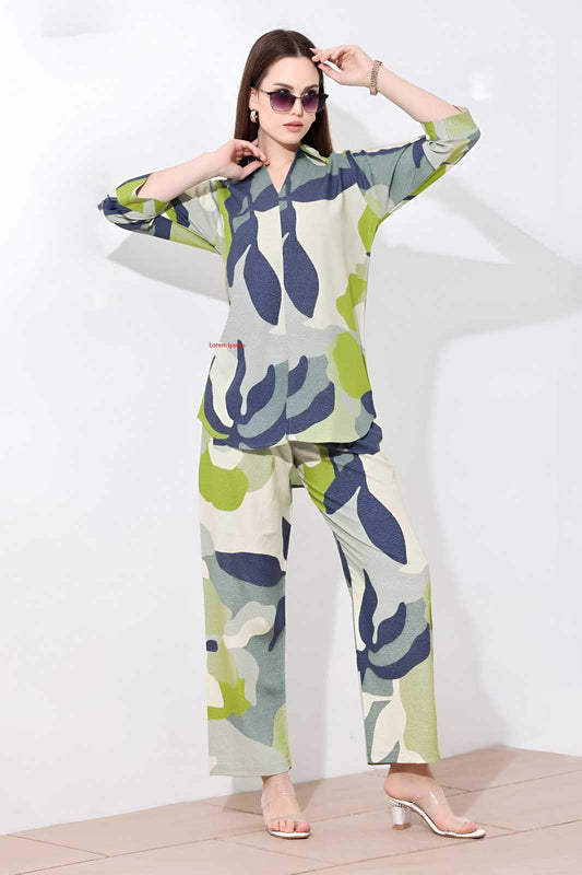 Green & Blue Abstract Printed Co-ord Set in Soft Rayon