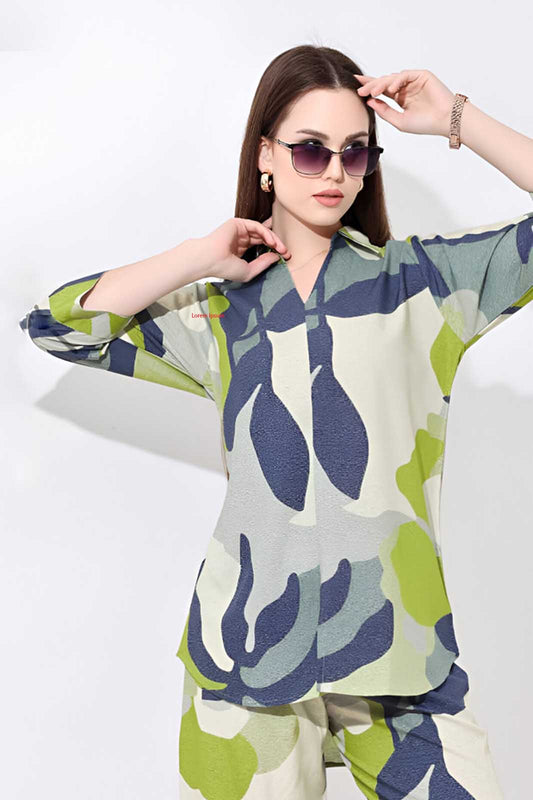 Green & Blue Abstract Printed Co-ord Set in Soft Rayon