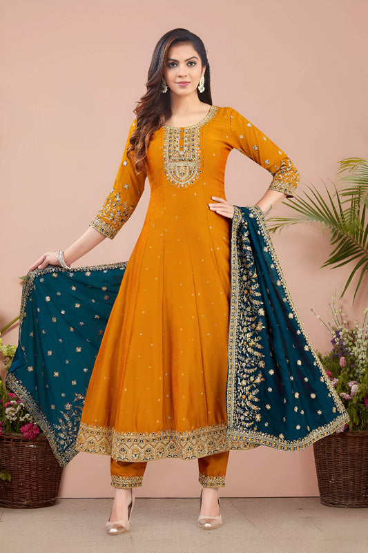 Mustard Embroidered Anarkali Suit with Teal Dupatta