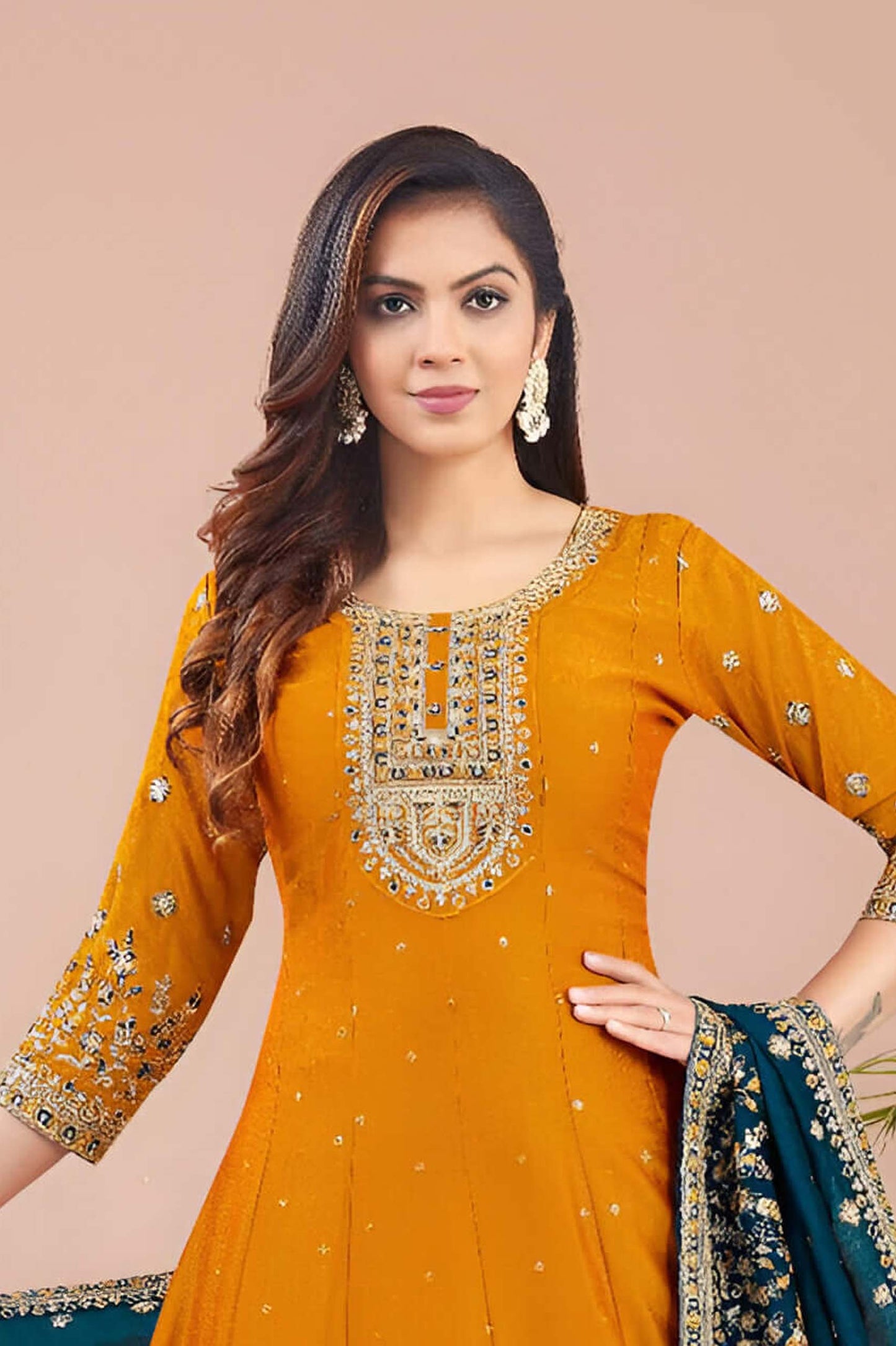 Mustard Embroidered Anarkali Suit with Teal Dupatta