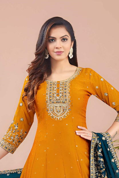 Mustard Embroidered Anarkali Suit with Teal Dupatta