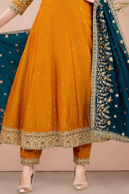 Mustard Embroidered Anarkali Suit with Teal Dupatta