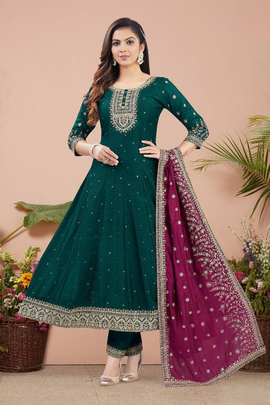 Emerald Green Embroidered Anarkali Suit with Maroon Dupatta