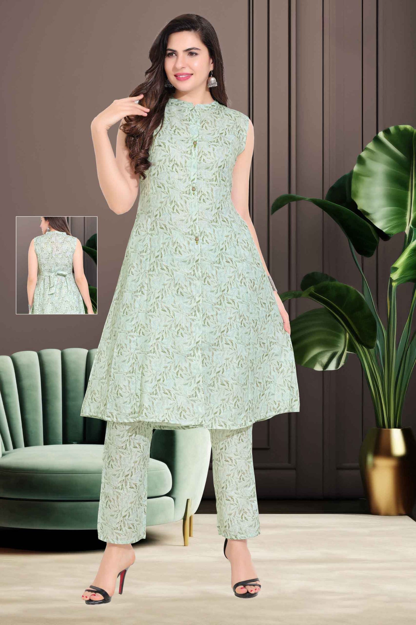 Pastel Green Printed A-Line Kurti Set with Pants