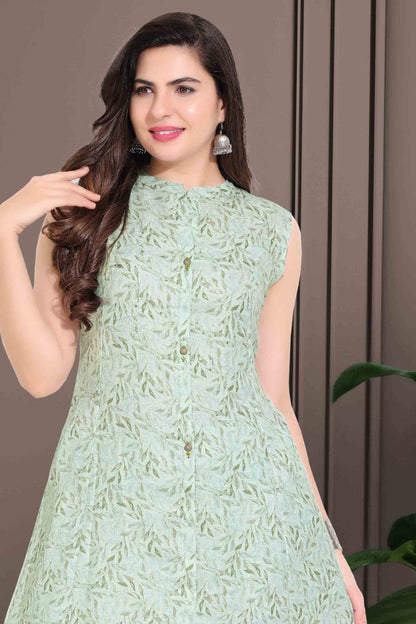 Pastel Green Printed A-Line Kurti Set with Pants