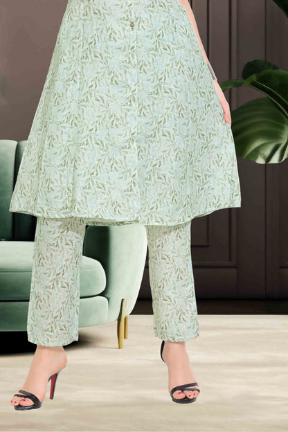 Pastel Green Printed A-Line Kurti Set with Pants