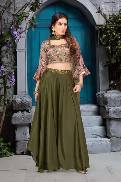 Olive Green Multicolor Embroidered Crop Top with Russian Palazzo Set
