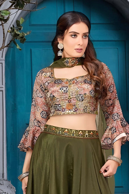 Olive Green Multicolor Embroidered Crop Top with Russian Palazzo Set