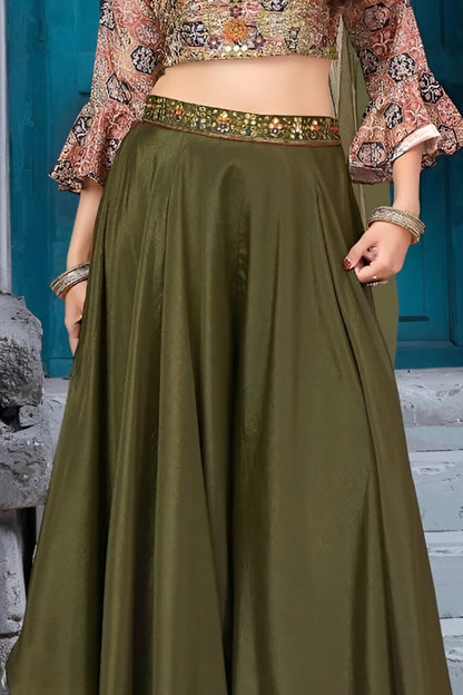 Olive Green Multicolor Embroidered Crop Top with Russian Palazzo Set