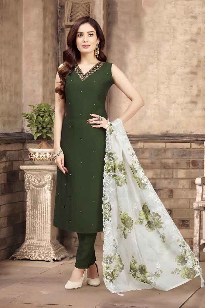 Dark Green Suit Set with White Floral Dupatta