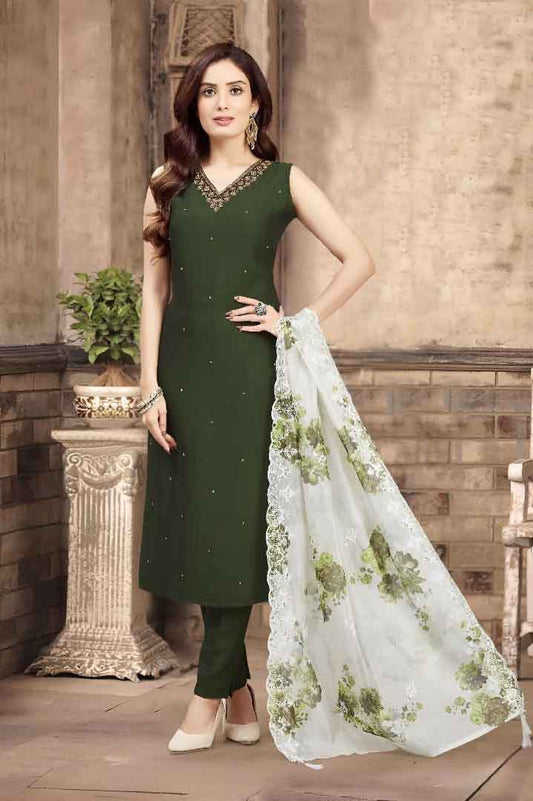 Dark Green Suit Set with White Floral Dupatta