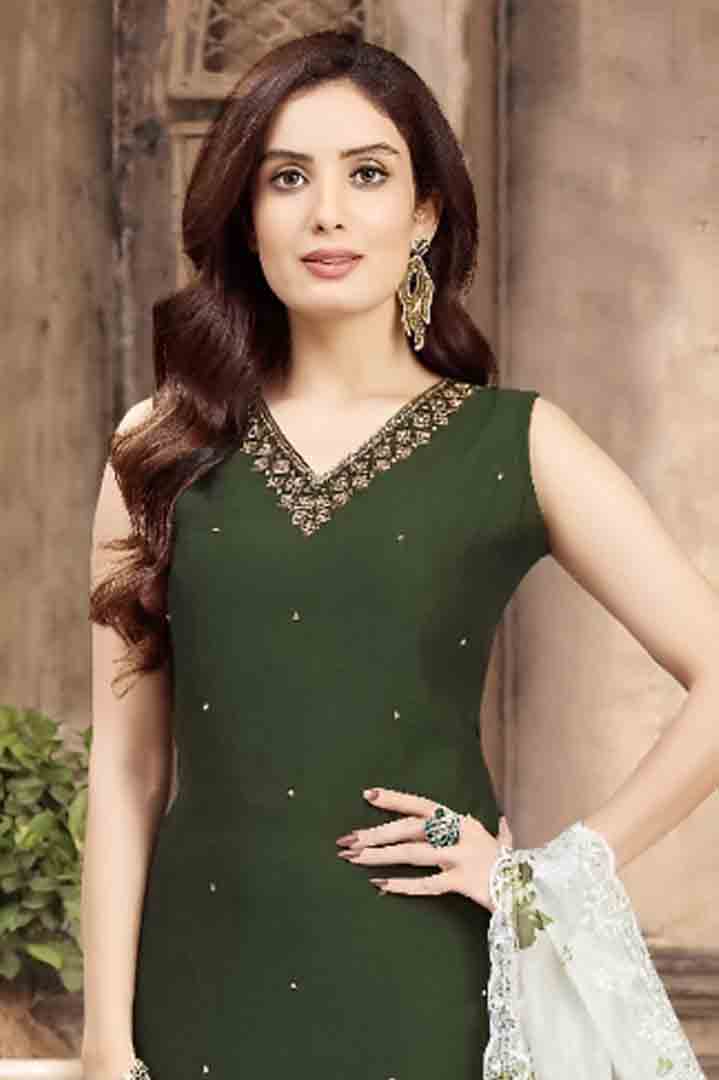 Dark Green Suit Set with White Floral Dupatta