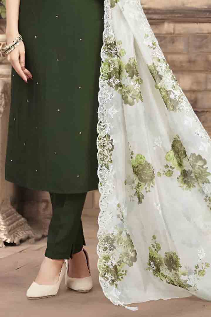 Dark Green Suit Set with White Floral Dupatta