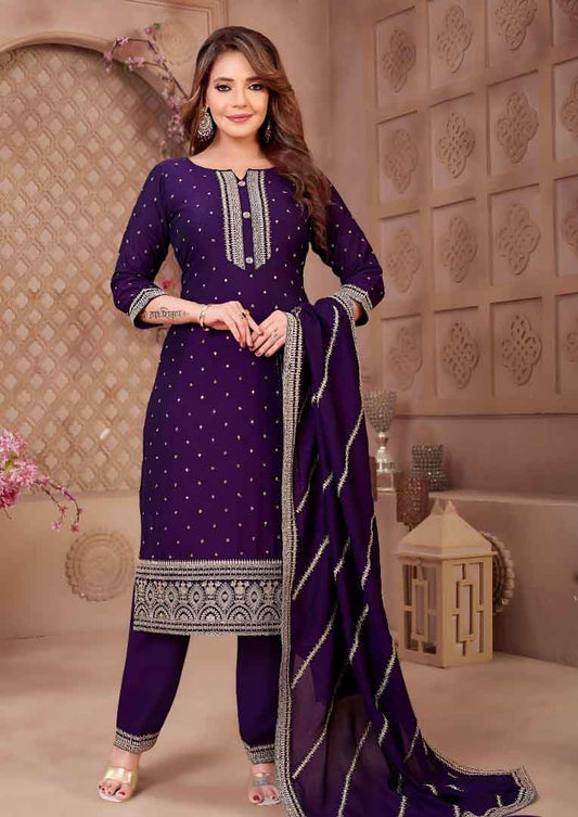 Purple Straight Suit with Heavy Border Embroidery