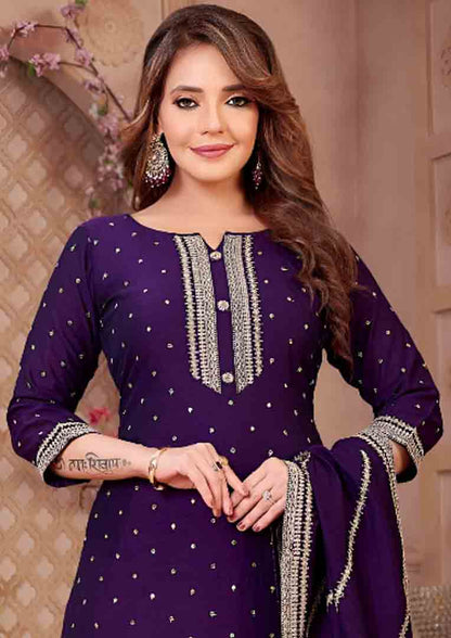 Purple Straight Suit with Heavy Border Embroidery