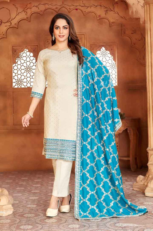 Beige Straight-Cut Suit Set with Blue Printed Dupatta