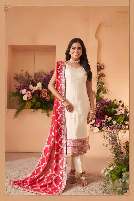 Ivory Straight-Cut Suit Set with Red Printed Dupatta