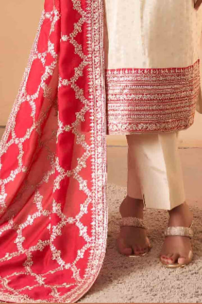 Ivory Straight-Cut Suit Set with Red Printed Dupatta