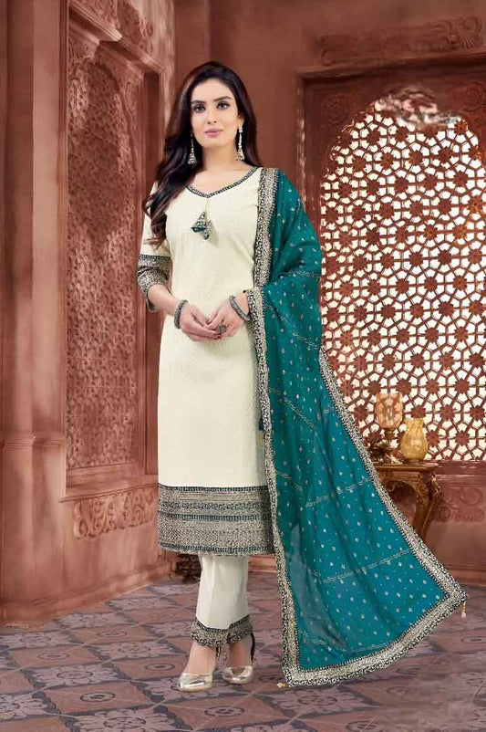 Ivory Embroidered Suit Set with Teal  Butti Dupatta