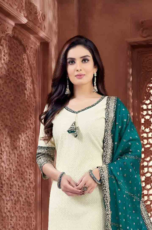 Ivory Embroidered Suit Set with Teal  Butti Dupatta