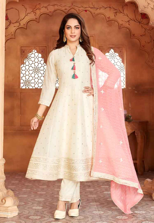 Ivory Anarkali Suit with Tassels & Peach Dupatta