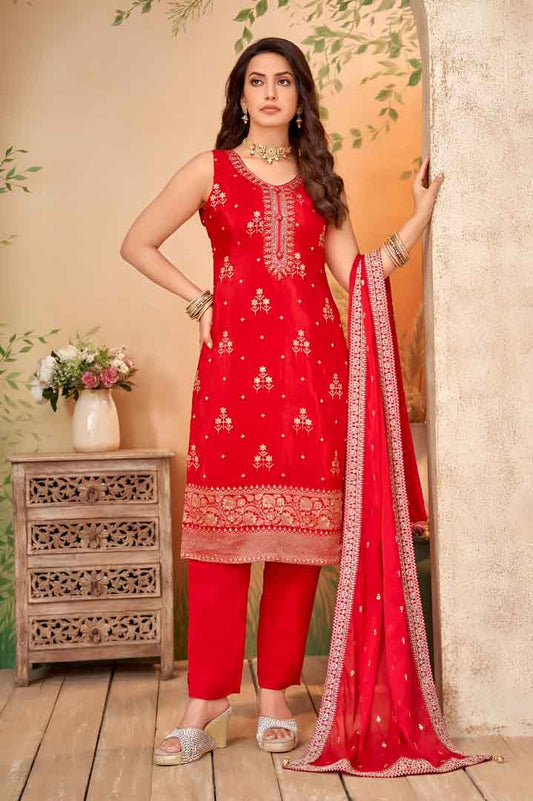 Red Suit Set with Zari Embroidered Dupatta