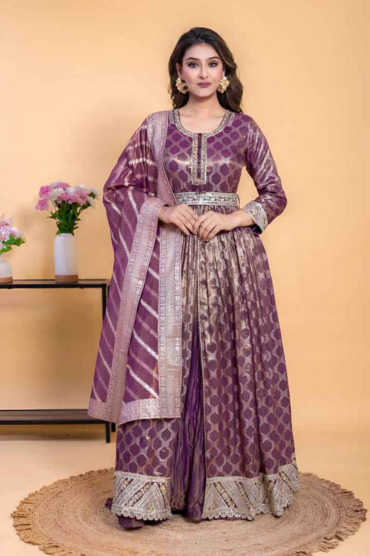 Purple Banarasi Silk Anarkali Suit set with Dupatta