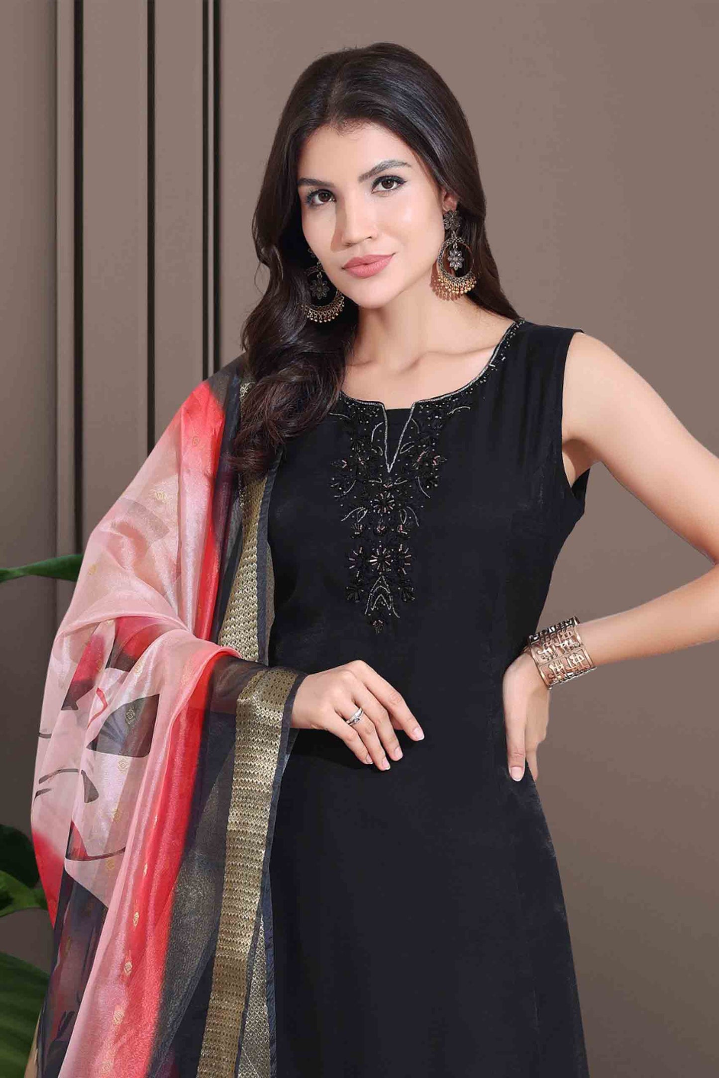 Elegant Black Kurti Set with Designer Red Dupatta